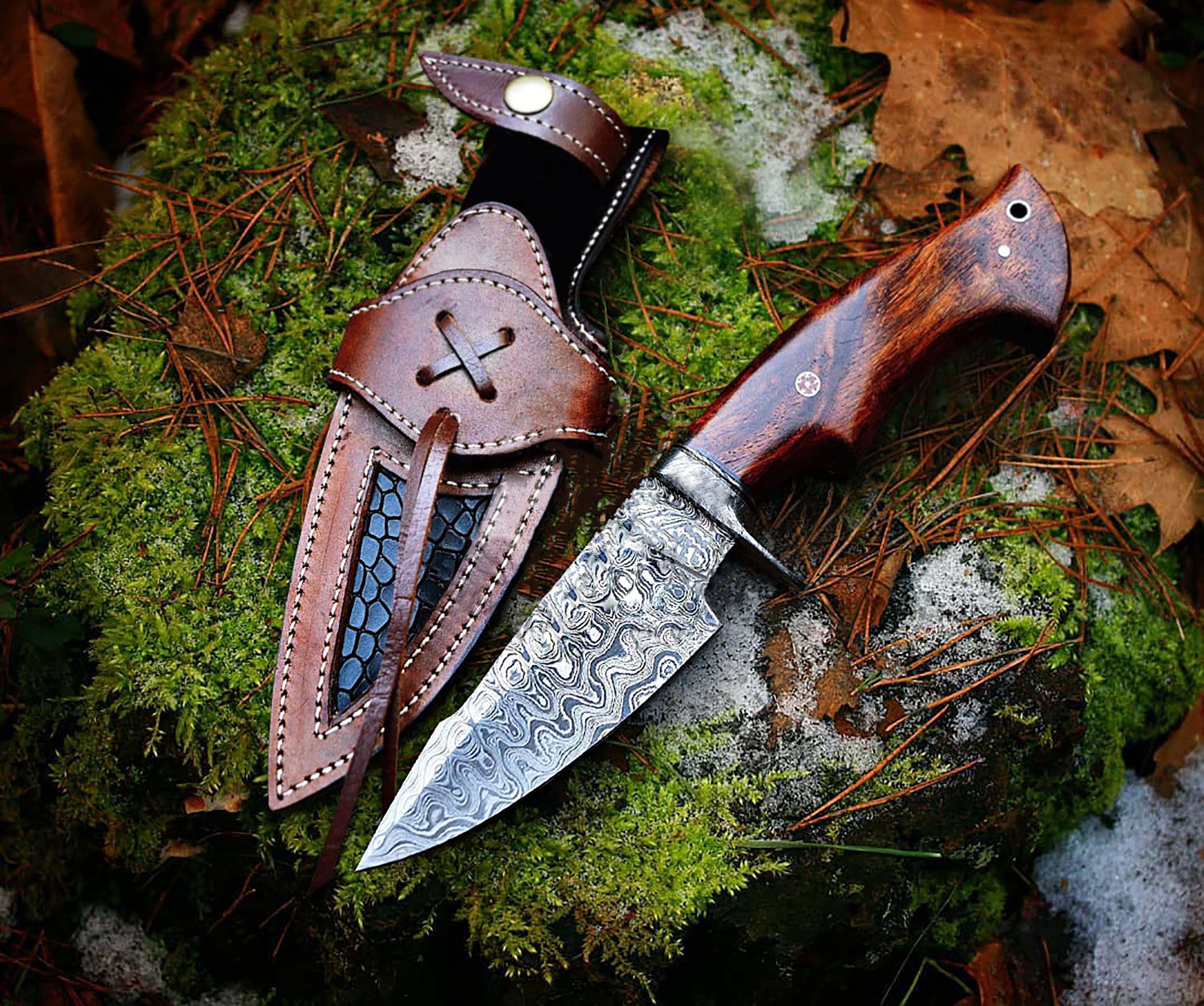 Saddle Hunter Brass Inlaid Damascus Steel Knife & Sheath  Damascus Fixed Blade W/Sheath display picture 1