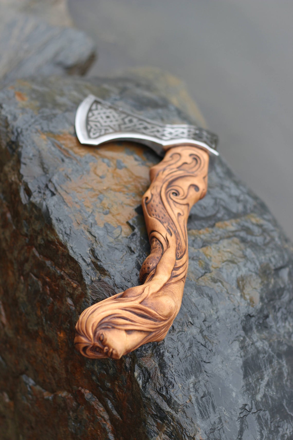 Hand-Carved Mermaid Motif Viking Sculpture – Artisan Carbon Steel