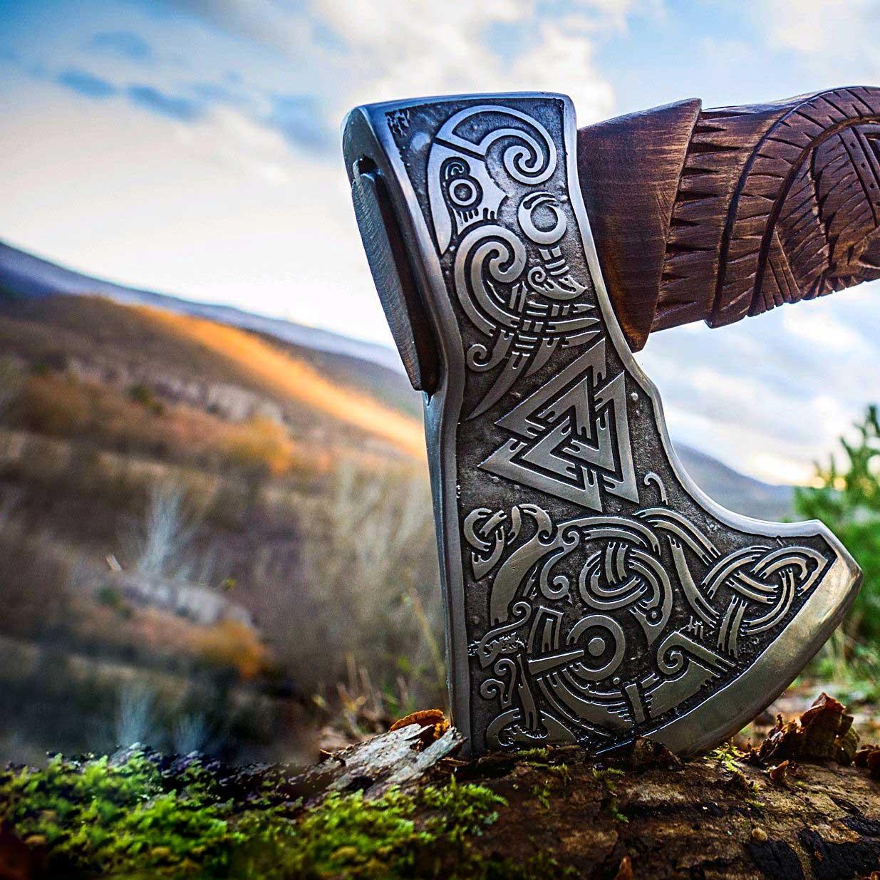 Celtic Valknut Viking Axe With Wood Carving Handle | Wedding Gift, Anniversary Gift, Father's Day Gift