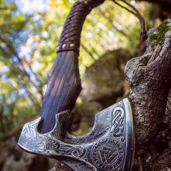 Custom Hand Forged Odin Valknut Symbol Etched Carbon Steel Viking Axe with Leather Sheath