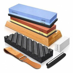 Knife Sharpening Stone Set – Dual Grit Whetstone 400/1000 3000/8000 Knife Sharpener with Leather Strop, Flattening Stone, Bamboo Base, 3 Non-slip Rubber Bases