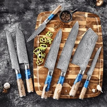 The Iris Forged High Quality Damascus 7 Piece Kitchen Knife Set & Leather Sheath