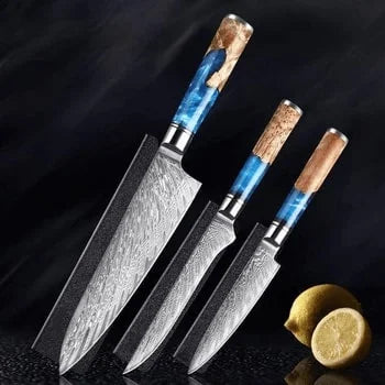 The Iris Forged High Quality Damascus 7 Piece Kitchen Knife Set & Leather Sheath