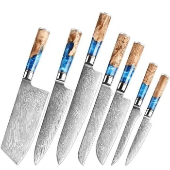 The Iris Forged High Quality Damascus 7 Piece Kitchen Knife Set & Leather Sheath