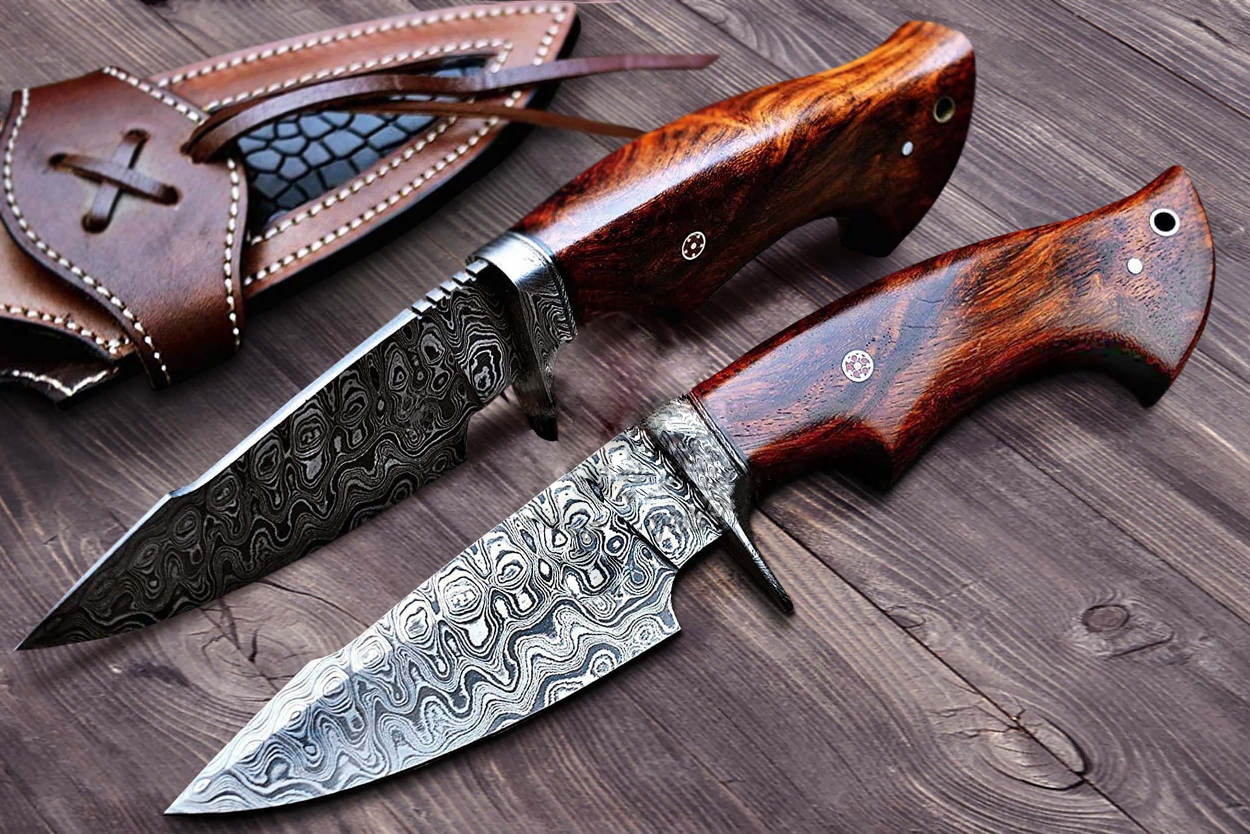 Damascus Steel Fixed Blade Hunting Knife with Sheath, Camping Knife, Damascus Knives, Hand Forged Knives Gift for Men