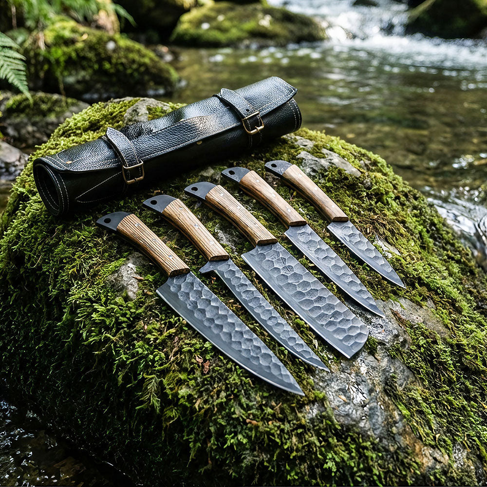 Hand Forged Black Carbon Folded Steel 1095 With Fire Chef Knives Set Of 5