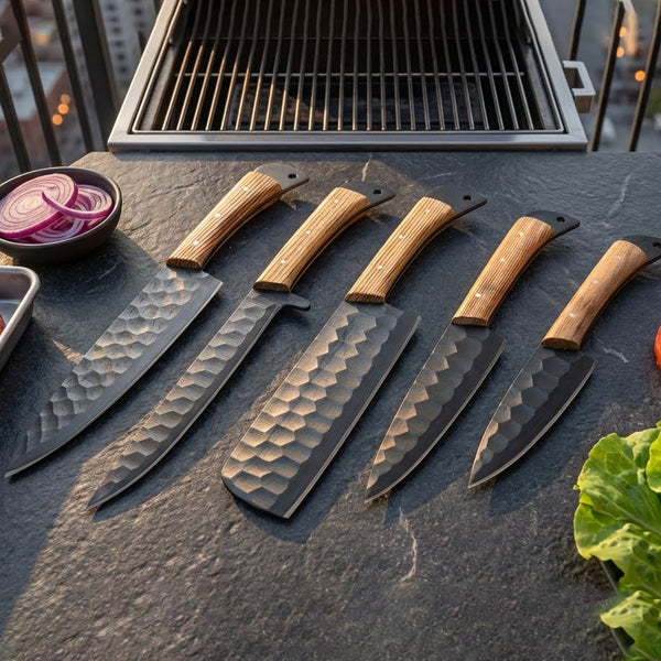 Custom Handmade Black Damascus 5-Piece Chef Knives Set