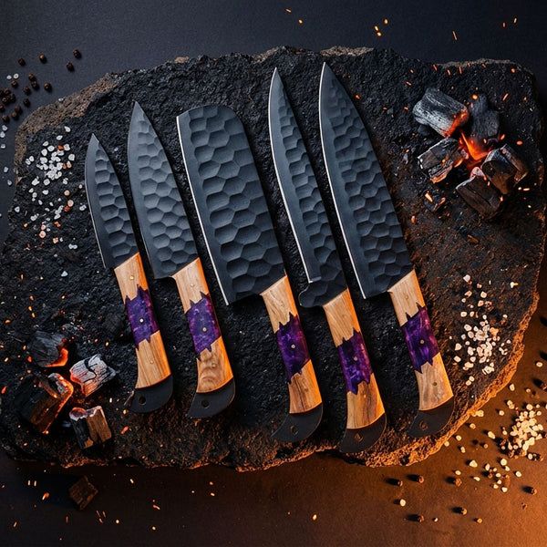 5-Piece Hand-Forged Carbon Steel Chef Knife Set with Purple Resin & Wood Handles