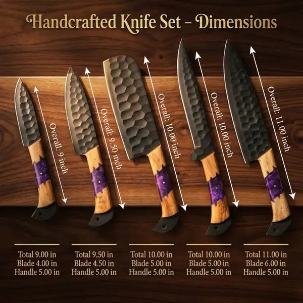 5-Piece Hand-Forged Carbon Steel Chef Knife Set with Purple Resin & Wood Handles