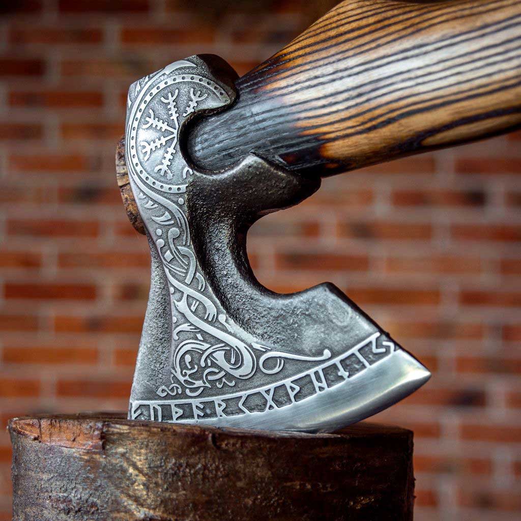 Runic Viking Axe With Warped Ash Wood Handle Best Viking Hatchet | Wedding Gift, Anniversary Gift, Christmas Gift
