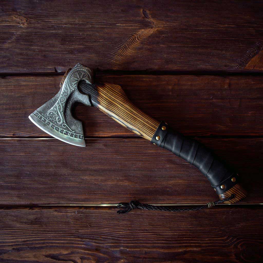 Runic Viking Axe With Warped Ash Wood Handle Best Viking Hatchet | Wedding Gift, Anniversary Gift, Christmas Gift